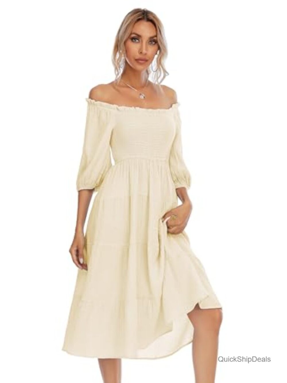 Cotton Off-Shoulder A-Line Midi Dress Puff Sleeve Ruffle